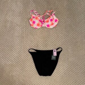 Girls Pink & Orange Gingham Bikini Top with Black Bikini Bottom